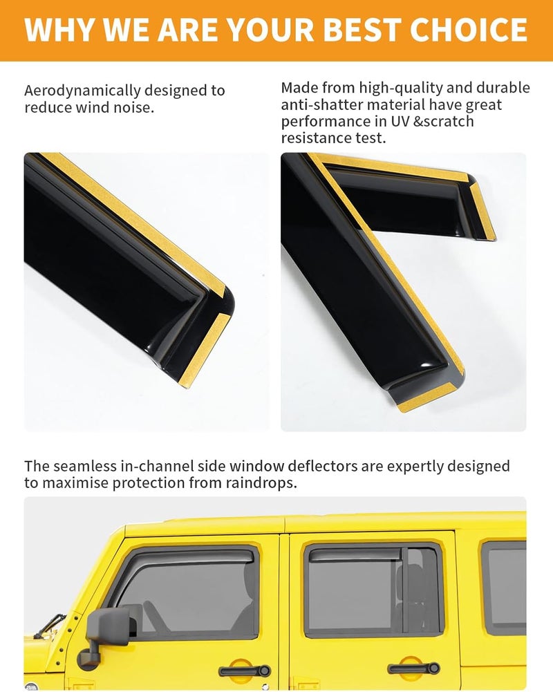 Deejecsun in-Channel Window Rain Guards Fit for Jeep Wrangler JK 2007-2018 Rain Guards Extra Durable Window Deflectors Visors Vent Visors Shades Car Accessories -4 pcs - Image 5